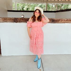 Momycharm Pink Polka Dot Off Shoulder Ruffle Elegant Midi Tea Party Dress